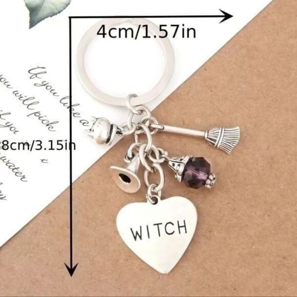 Witch, Keychain with cauldron broom, witch hat, purple beaded, glass, crystal - Picture 3 of 5